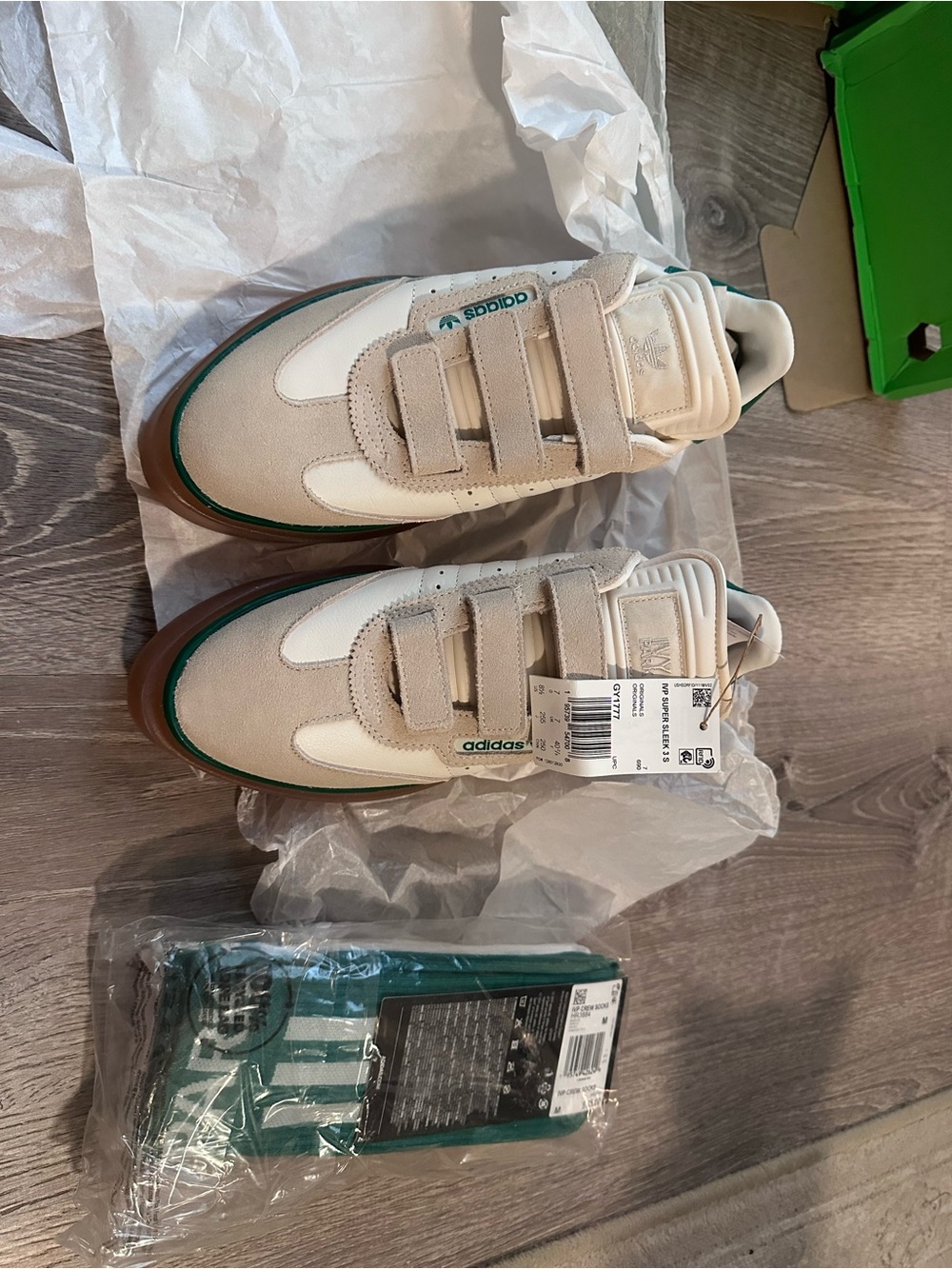 IVY PARK Beige White & Green Suede Strap Sneakers and matching socks